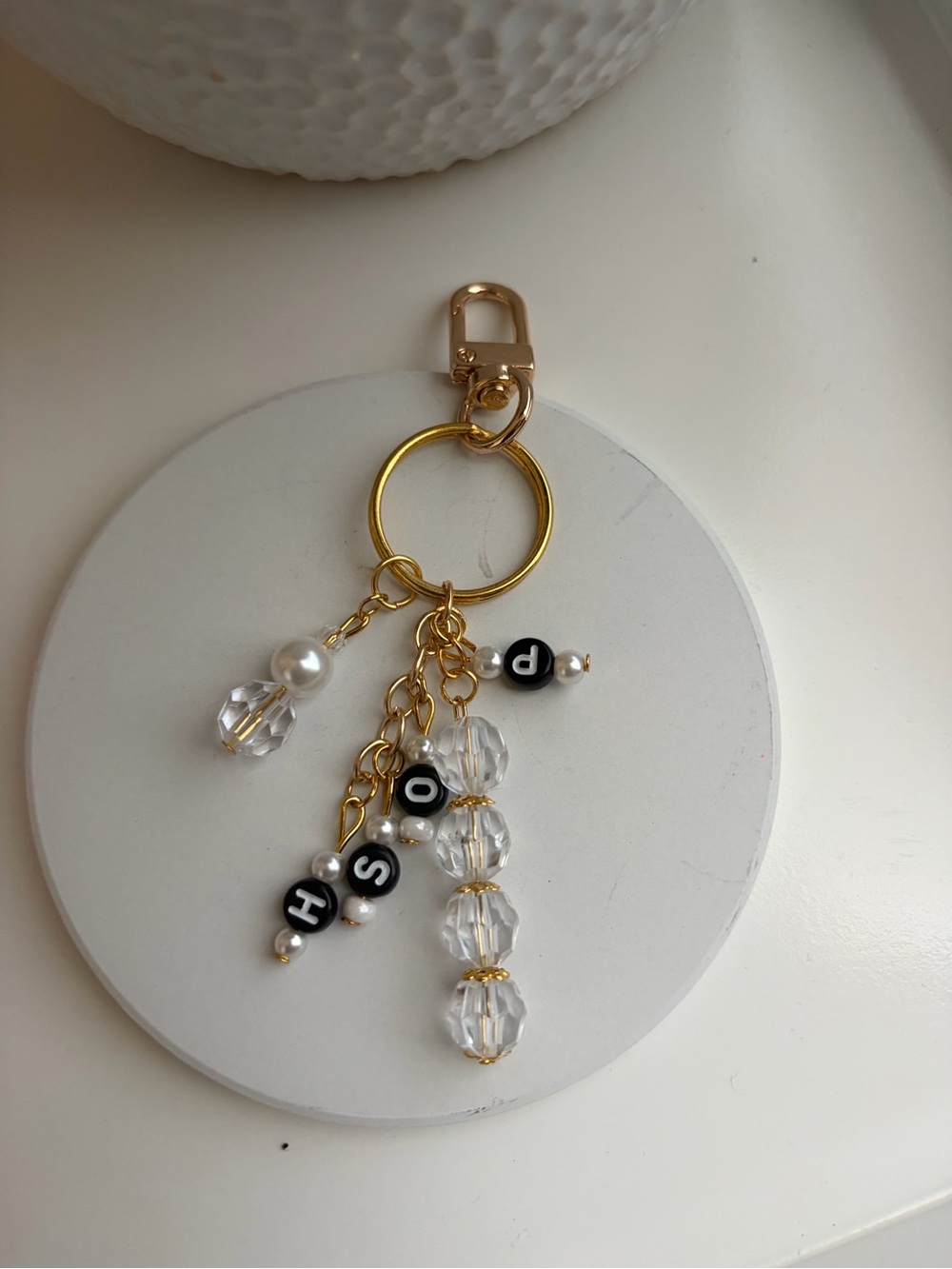 Hand Crafted Black White and Gold Beaded Posh Keychain Charm